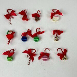 Vintage Christmas Miniature Ornaments Set Of 12 Candy Canes & Baubles Santa Pine